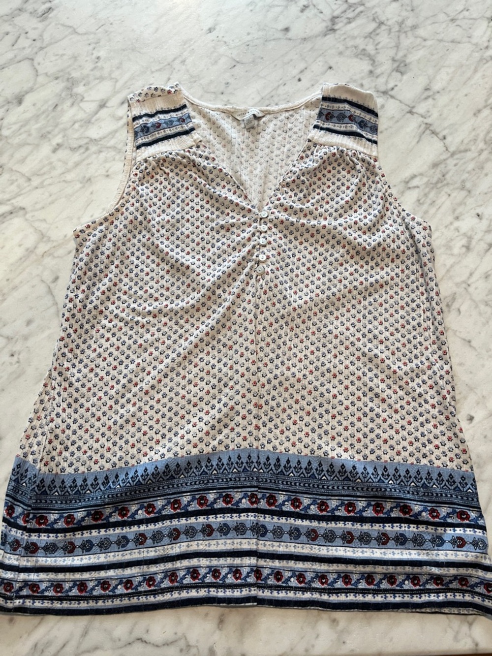 Lucky Brand Cream Sleeveless Printed V-Neck Tank with Blue Border